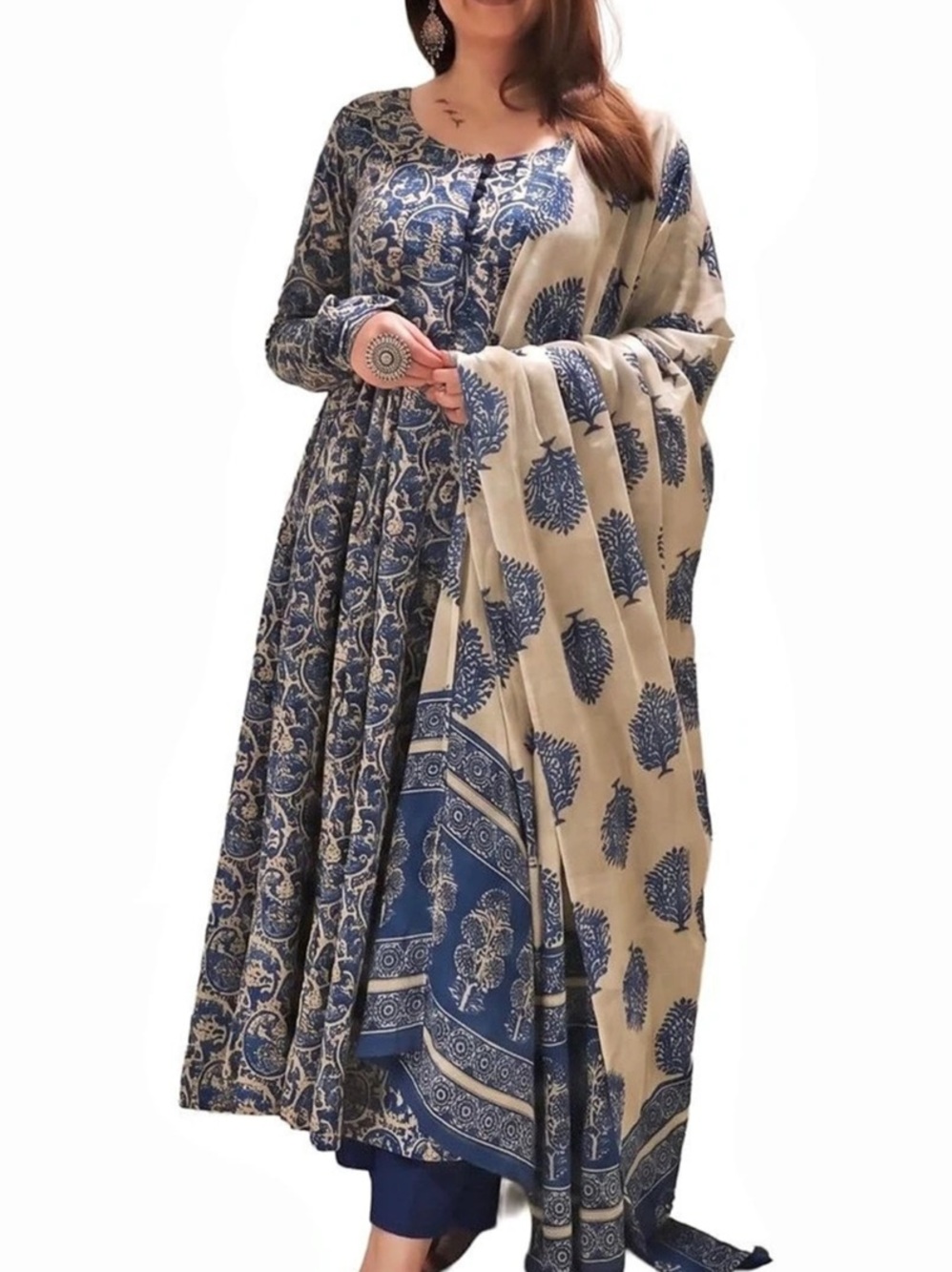 Indian Punjabi royal Blue Hand Block Cotton women Anarkali Kurta Pant Set With D